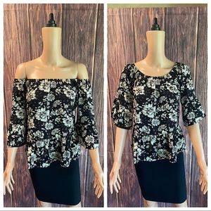 Alya size xs black white & burgundy floral tropical boho summer blouse